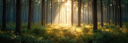 Scattered light in a lush green pine forestの素材