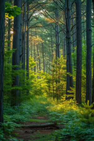 Sunlight streaming through a pine forestの素材