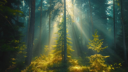 Scattered light in a lush green pine forestの素材