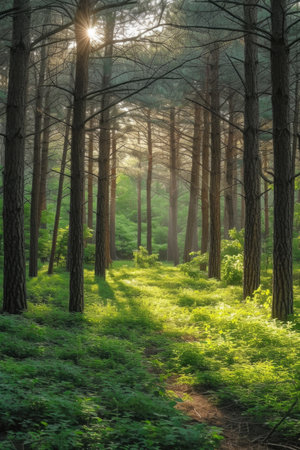 Sunlight streaming through a pine forestの素材
