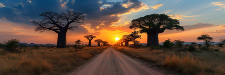Warm sunlight on the trees, landscape with sunsetの素材