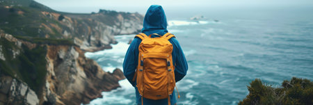 Adventurous Hiker Overlooking the Misty Cliffs at the Ocean's Edgeの素材