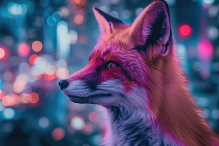 Fox against the backdrop of city lightsの素材