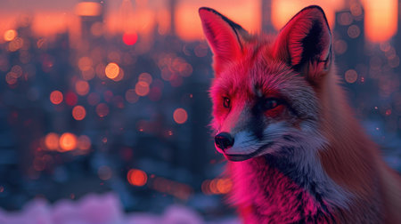 Neon fox on a cityscape backgroundの素材