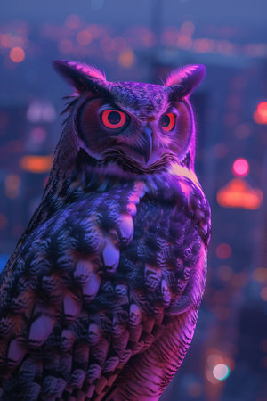 Owl with Intense Gaze Over City Lightsの素材