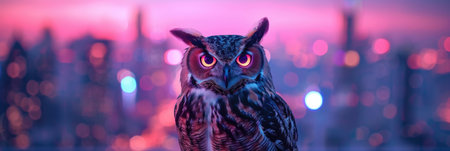 Owl Over Neon Urban Landscapeの素材