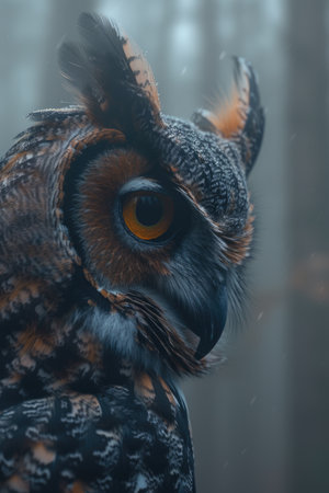 Owl against the background of a dark forestの素材