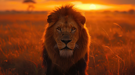 Majestic lion against sunset backgroundの素材