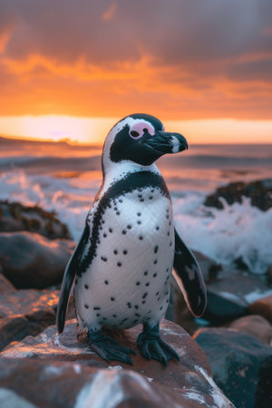 Solitary Penguin at Dusk, Golden Ocean Horizonの素材