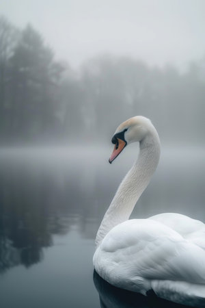Serene Swan in Misty Waters at dawnの素材