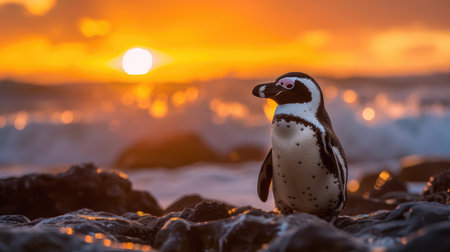 Penguin Against Sunset Ocean Backdropの素材