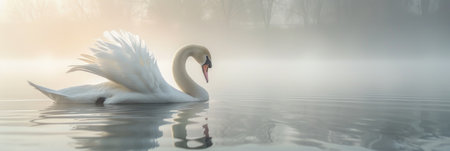 Graceful silhouette of a swan, peaceful morning fogの素材
