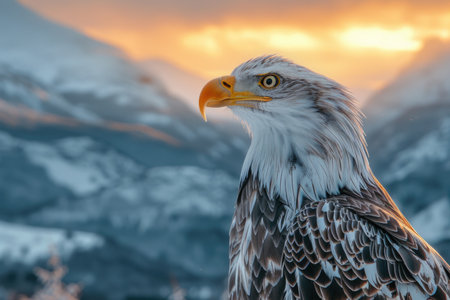 Eagle Gazing into Sunset, Majestic Mountain Backdropの素材