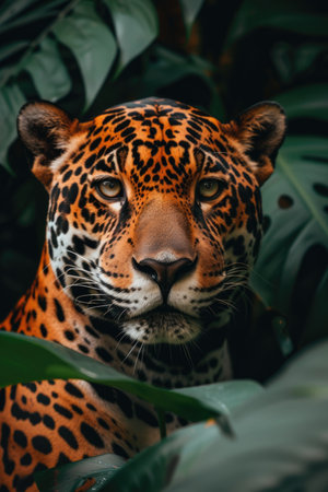 Hidden Jaguar Peek, Lush Green Foliageの素材