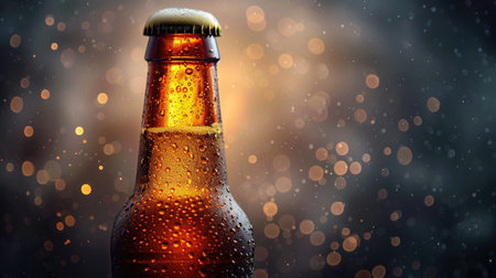 Cold Dark Beer Bottle Close-Up with Bokeh Backgroundの素材