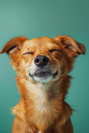 Joyful dog with a smile on a bright backgroundの素材