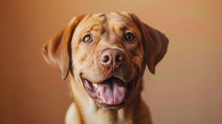 Joyful dog with a smile on a bright backgroundの素材