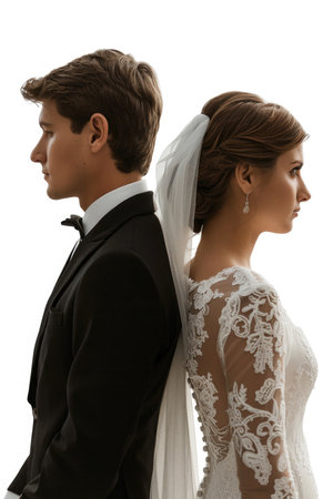 Elegant Bride and Groom in Profile View with Classic Wedding Styleの素材