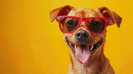 Happy dog enjoying a moment of bliss on a minimalist backgroundの素材