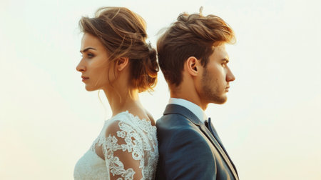 Stylish Wedding Couple Standing Back to Back in Sophisticated Attireの素材