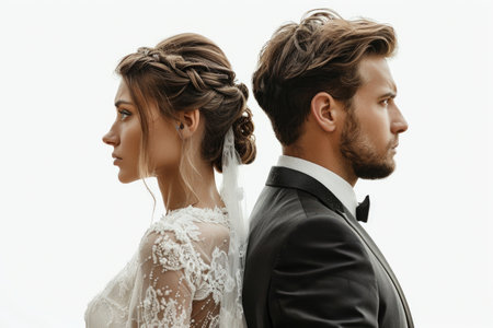 Stylish Wedding Couple Standing Back to Back in Sophisticated Attireの素材