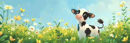 Happy Cow Cartoon in Lush Green Meadow with Daisy Flowersの素材