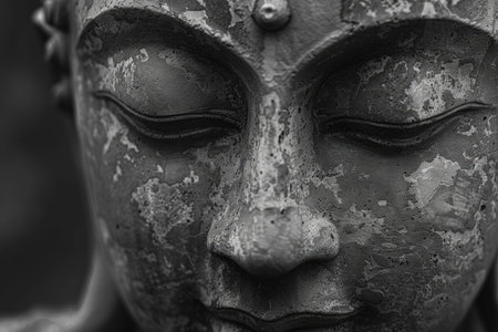 Close-Up Detail of a Buddha Statue's Face in Monochromeの素材