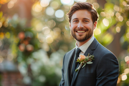 Happy Groom in Elegant Suit Smiling on His Wedding Dayの素材