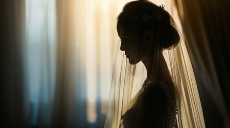 Silhouette of a Bride Against Sunlit Curtainsの素材