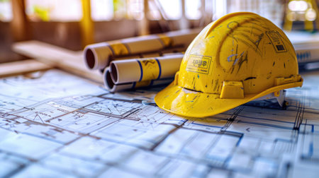 Close-Up of a Yellow Safety Helmet on Architectural Blueprintsの素材