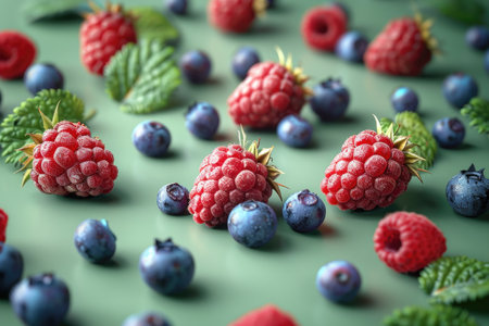 Assortment of Fresh Raspberries and Blueberries on Green Backgroundの素材