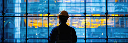Silhouetted Construction Worker Overlooking Cityscape at Duskの素材