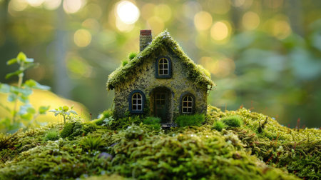 Enchanting Miniature House Covered in Mossの素材