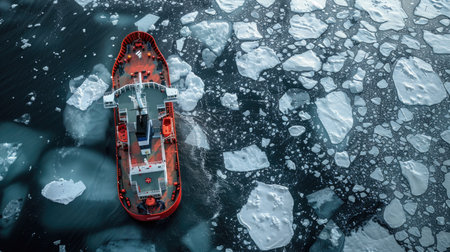 Icebreaker Vessel Navigating Through Ice Floesの素材