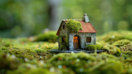 Enchanting Miniature House Covered in Mossの素材