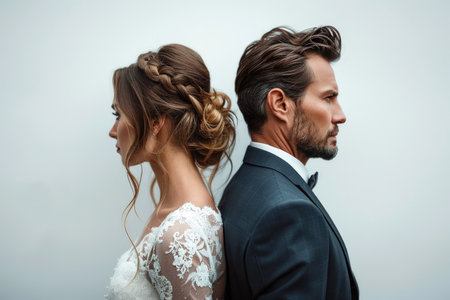 Stylish Wedding Couple Standing Back to Back in Sophisticated Attireの素材