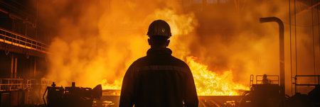 Worker in Protective Gear Overlooking a Foundryの素材