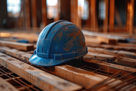 Safety Helmet on Construction Site at Sunsetの素材