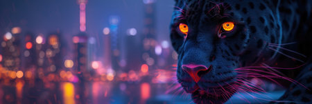 portrait of a black panther in a neon cityの素材