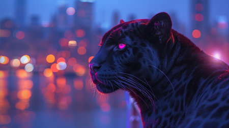 Black Panther with a Neon Cityscapeの素材