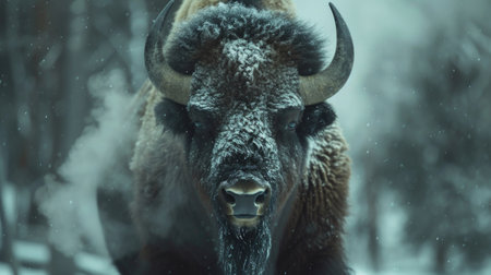 Imposing Bison Portrait: Snow-Covered Majesty in the Wildの素材
