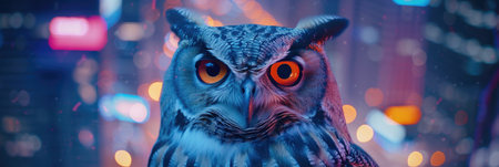 Owl against neon cityscape backgroundの素材