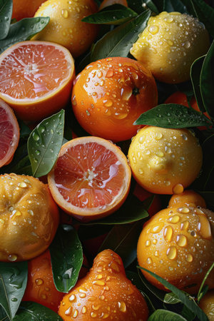 Vibrant Citrus Fruit Variety with Fresh Dewの素材