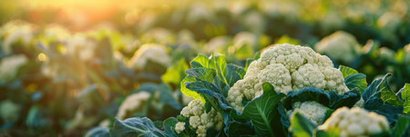 Golden Hour in the Cauliflower Patch: Fresh Vegetables Basking in the Evening Lightの素材