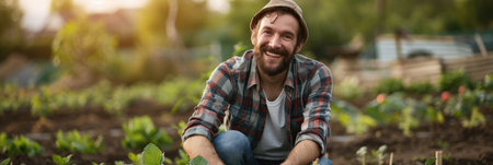 Cheerful Agricultural Worker in the Fields at Duskの素材