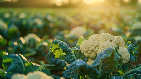 Sun-Kissed Cauliflower: Lush Field Gleaming at Sunsetの素材