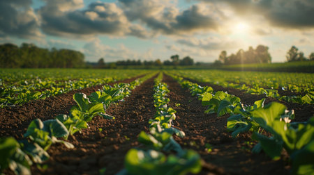 A Lush Vegetable Field under a Dramatic Cloudy Sky at Dawnの素材