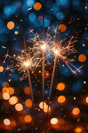 Celebratory Sparklers Illuminated at Nightの素材