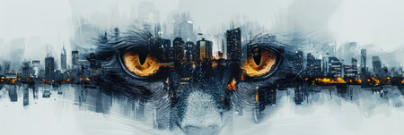 Feline Eyes Over Cityscape Double Exposureの素材