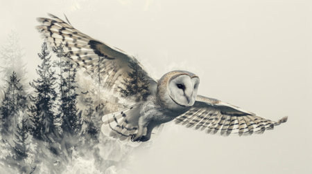 Double exposure of barn owl with pine treeの素材